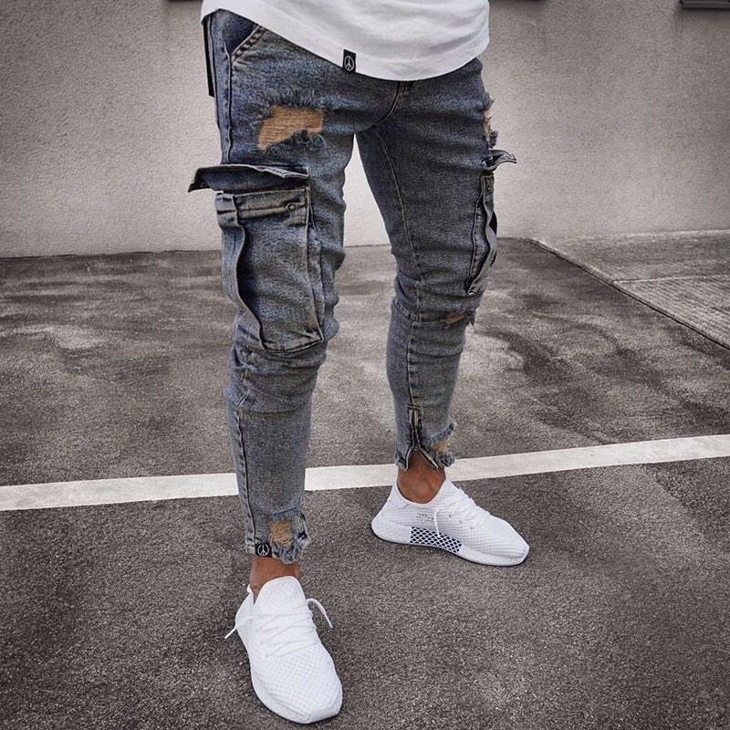 Distressed Denim Cargo Pants Men