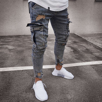 Distressed Denim Cargo Pants Men