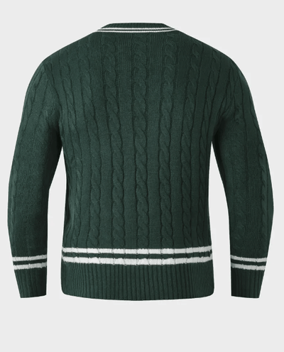 Grüner Herrenstrickpullover-mit-weißen-treifen-im-Vintage-inspirierten-Design