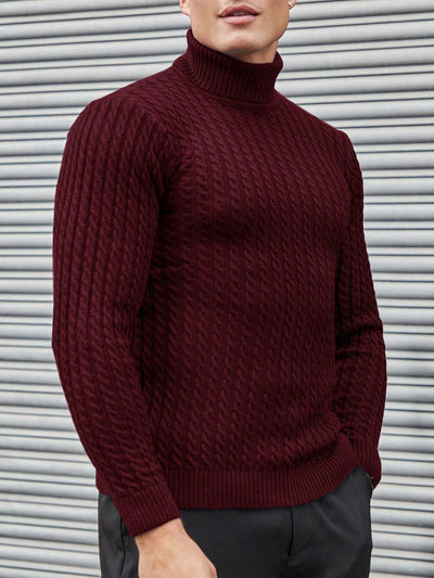 Herren-rot-Rollkragenpullover-mit-Zopfmuster-strukturiertes-Design-vintage-Look