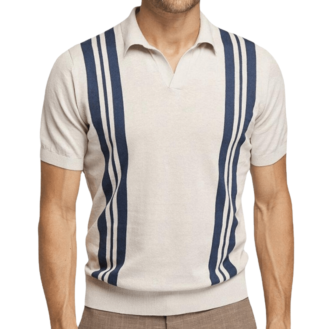 Herren-gestreiftes-poloshirt-in-aprikose-mit-blauen-streifen-und-vintage-look