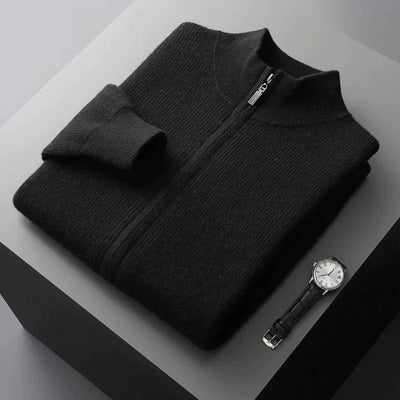 Schwarzer Herren-Kaschmirpullover mit feinem Reißverschlussdetail, Handwerkskunst und zeitloser Eleganz vereint