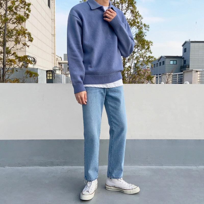 Herren-blau-Wollpullover-mit-Knopfleiste-vintage-inspiriertes-Design-eleganter-altgeld-Look