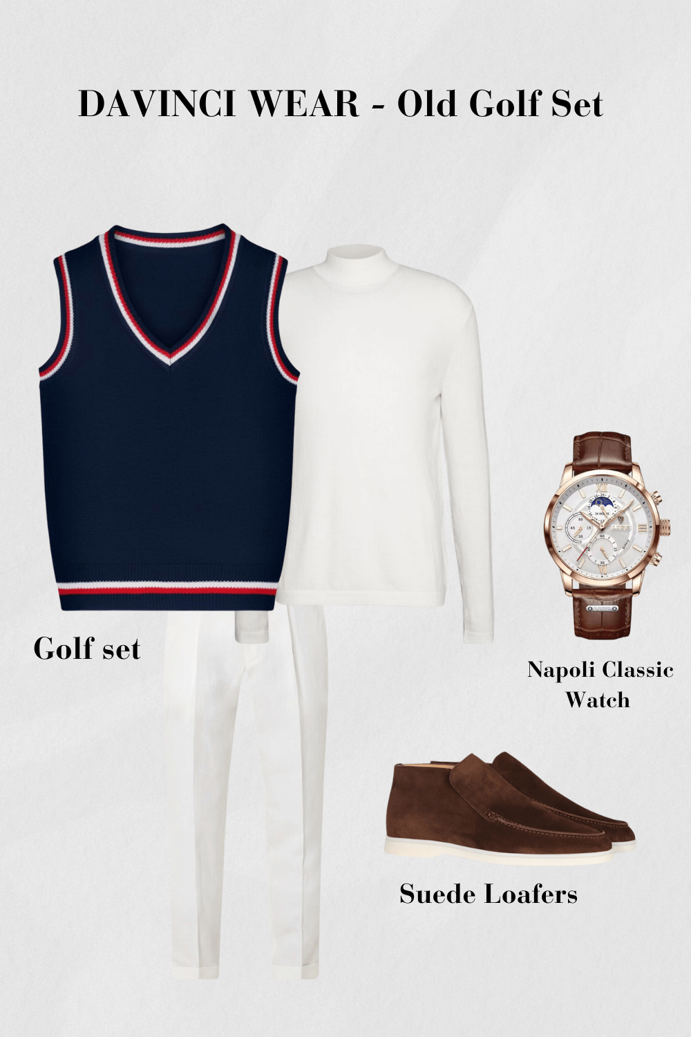 Navy-und-weißes-Golf-Set-mit-Strickweste-Pullover-weißer-Hose-Suede-Loafers-und-Napoli-Uhr-elegantes-und-vintage-inspiriertes-Design