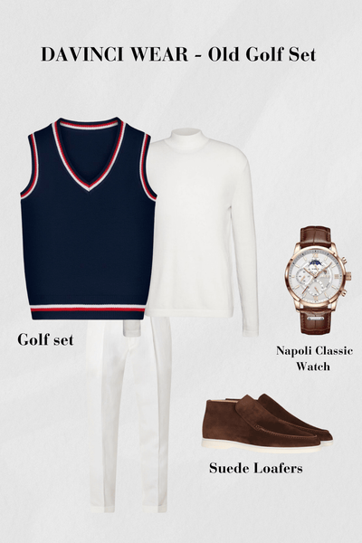 Navy-und-weißes-Golf-Set-mit-Strickweste-Pullover-weißer-Hose-Suede-Loafers-und-Napoli-Uhr-elegantes-und-vintage-inspiriertes-Design