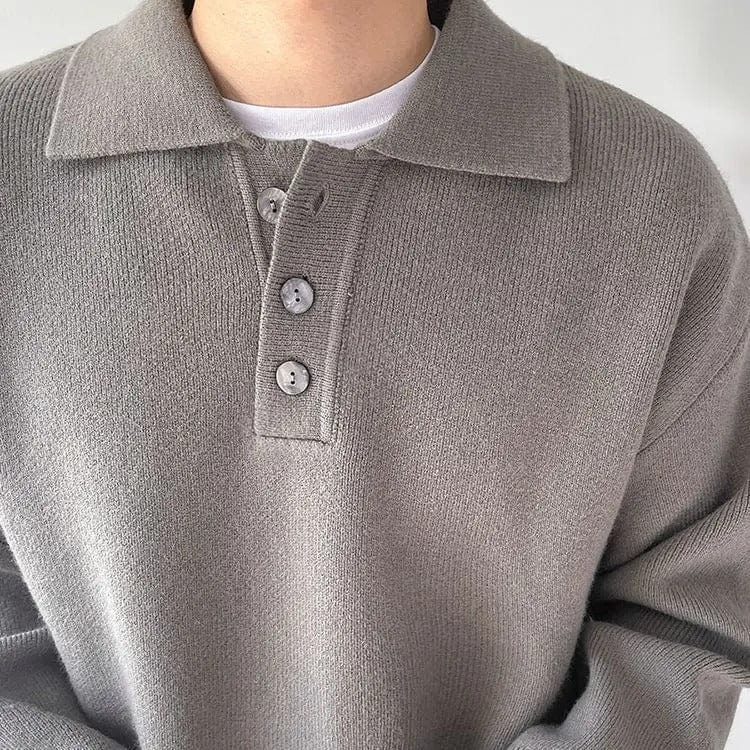 Eleganter-coffee-Polosweater-mit-langem-Ärmel-und-drei-Knöpfen-im-Klassischen-Stil