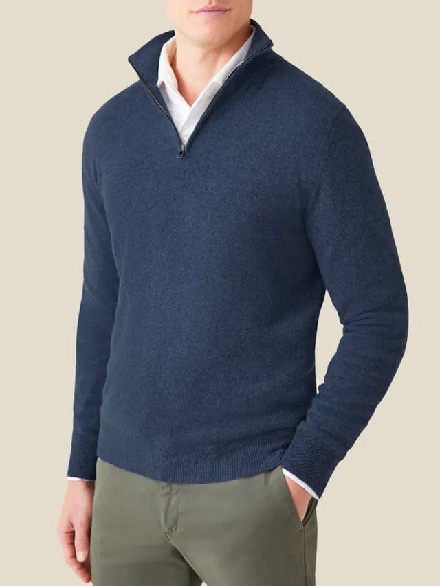 Herren-Mitternachtsblau-Reißverschluss-Pullover-mit-rippiger-Struktur-und-elegantem-Design.
