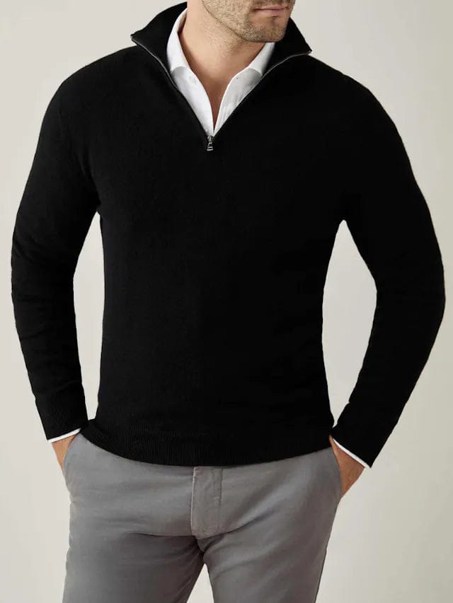 Herren-schwarzer-Halbzip-Pullover-mit-gerippten-Details-und-elegantem-Design