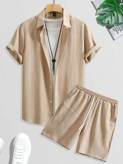 Marco Marino™ Herren Sommer Unifarben Hemd und Shorts Freizeit Set für den Urlaub.