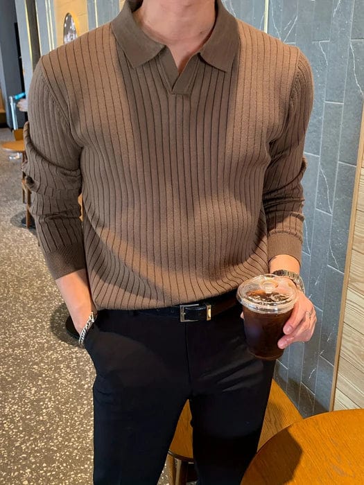 Marco Marino™ gerippter Polo-Pullover, stilvolles und langlebiges Strickdesign für jede Saison.