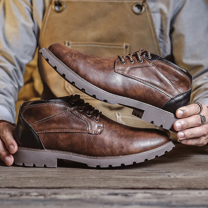 PU Leather Lace-Up Ankle Boots Men - Sturdy Sole