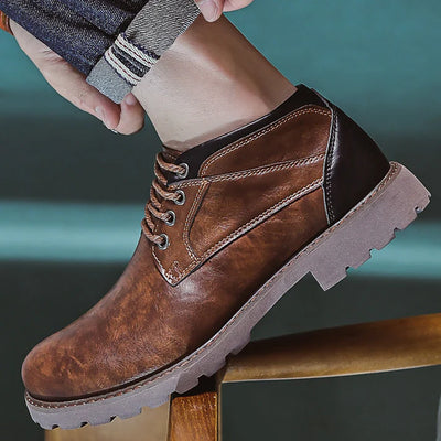 PU Leather Lace-Up Ankle Boots Men - Sturdy Sole