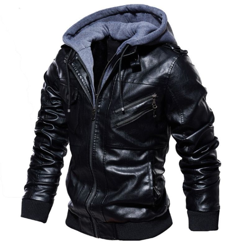 PU Leather Casual Hooded Jacket Men