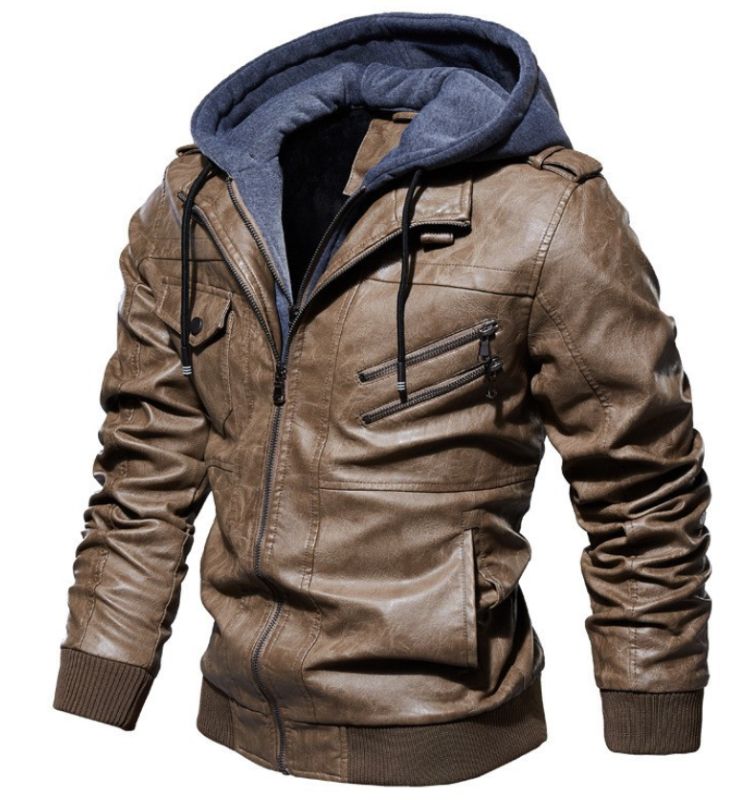 PU Leather Casual Hooded Jacket Men
