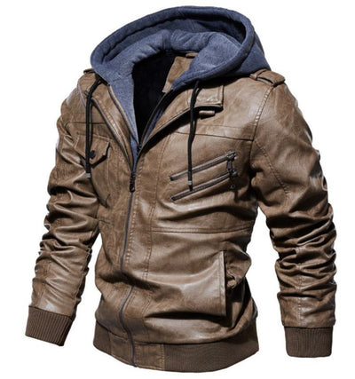 PU Leather Casual Hooded Jacket Men