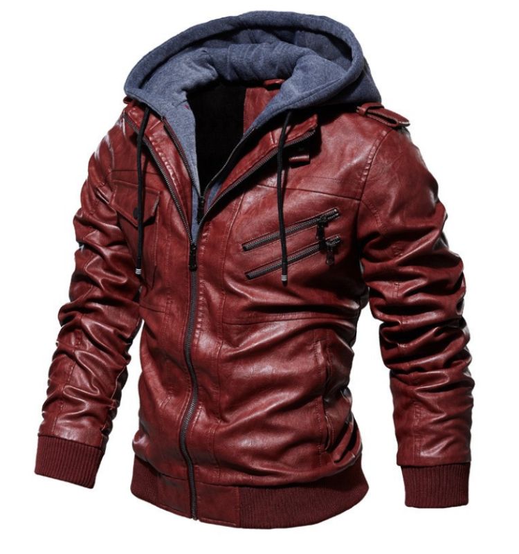 PU Leather Casual Hooded Jacket Men
