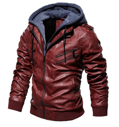 PU Leather Casual Hooded Jacket Men