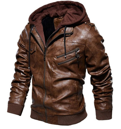 PU Leather Casual Hooded Jacket Men