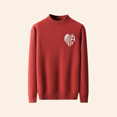 Herren-roter-Strickpullover-mit-weißer-Monogramm-Applikation-und-geripptem-Kragen