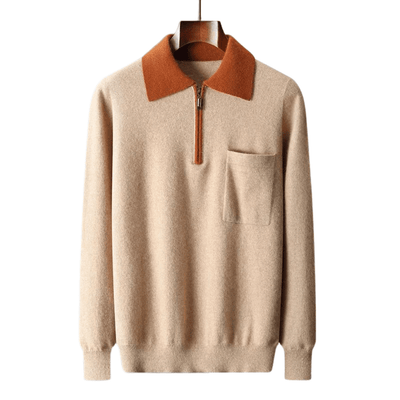 Herren-beiger-Strickpullover-mit-orangem-Kragen-und-Reißverschluss-kombiniert-eleganten-Stil-mit-Komfort