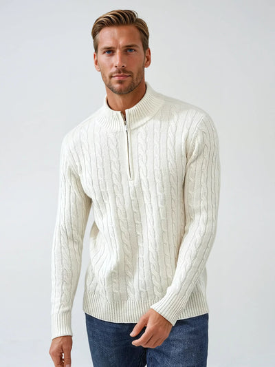 Victor - White Wool Quarter-Zip Sweater