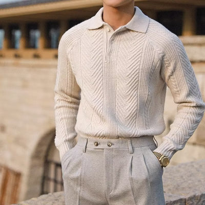 Evan – Slim Cable Knit Jumper with Polo Collar for Men