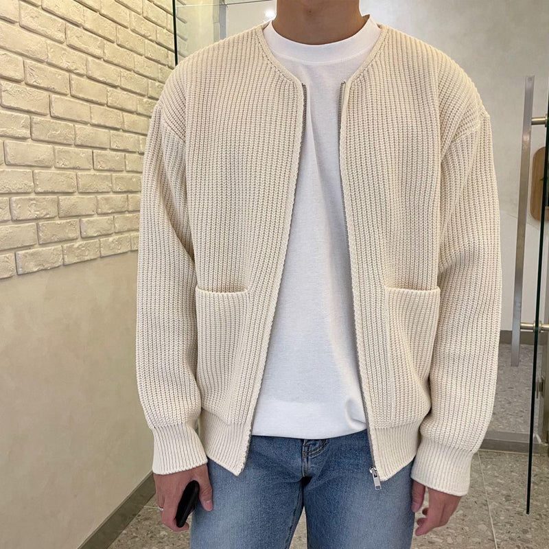 Elias - Crew Neck Knitted Cardigan with Zip for Men