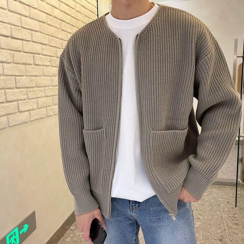 Elias - Crew Neck Knitted Cardigan with Zip for Men