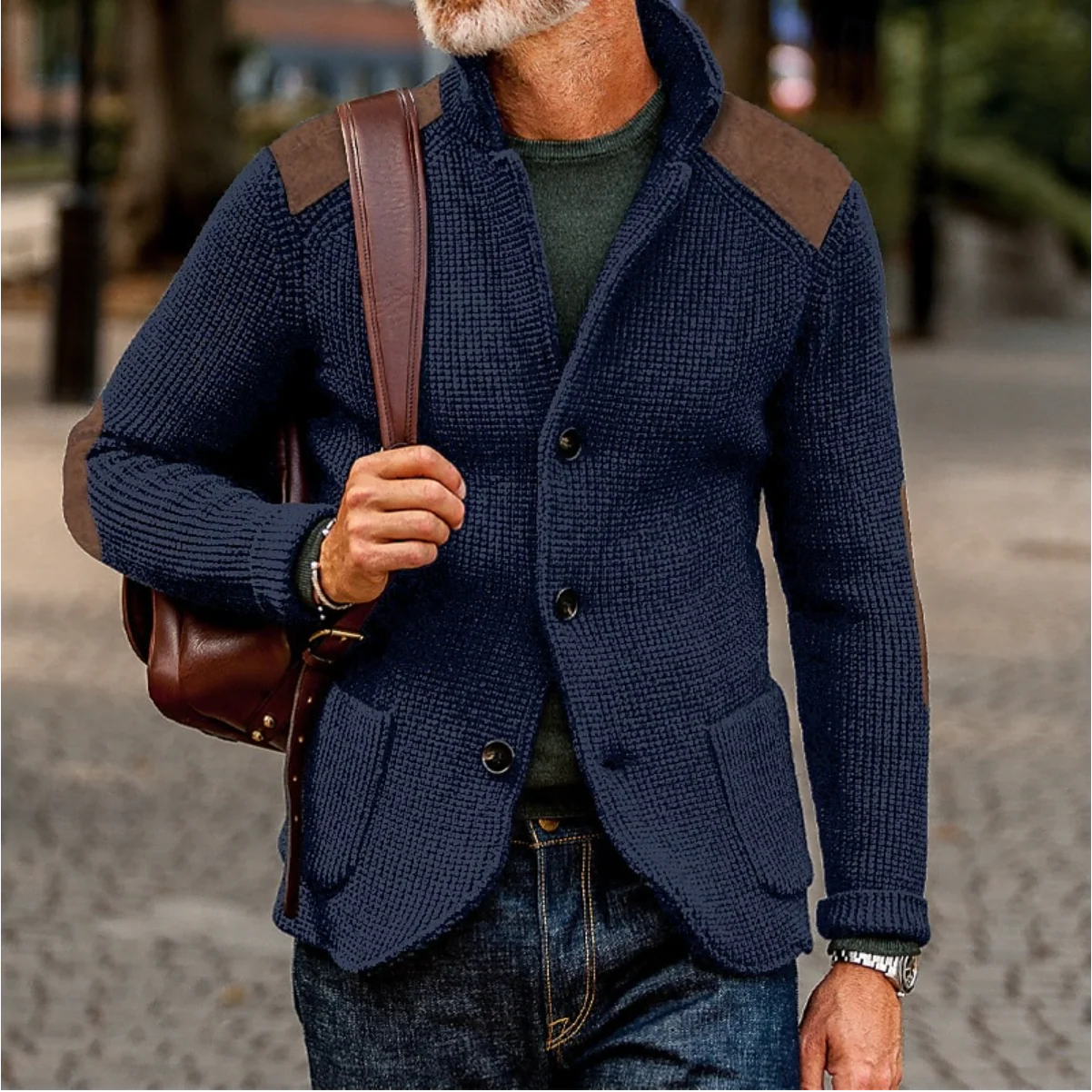 Mason – Button Down Knit Cardigan with Shoulder Patches
