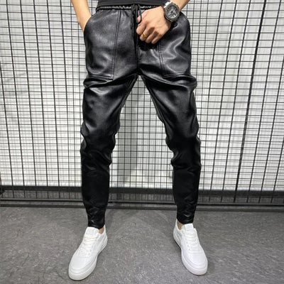 Black Leather Look Joggers Pants Men