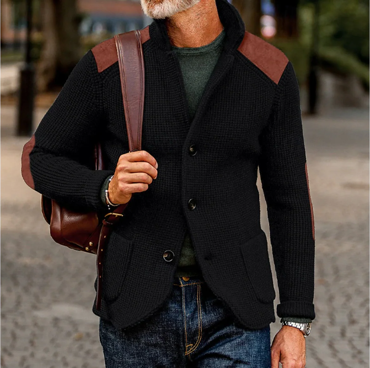 Mason – Button Down Knit Cardigan with Shoulder Patches