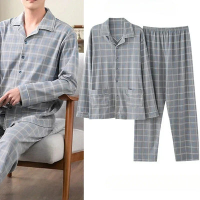 Plaid Cotton Pyjamas Sleepwear Set Men