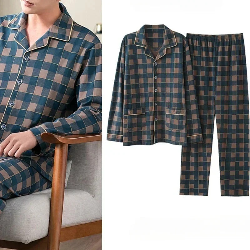 Plaid Cotton Pyjamas Sleepwear Set Men