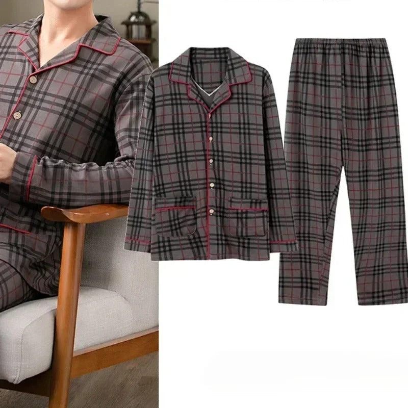 Plaid Cotton Pyjamas Sleepwear Set Men
