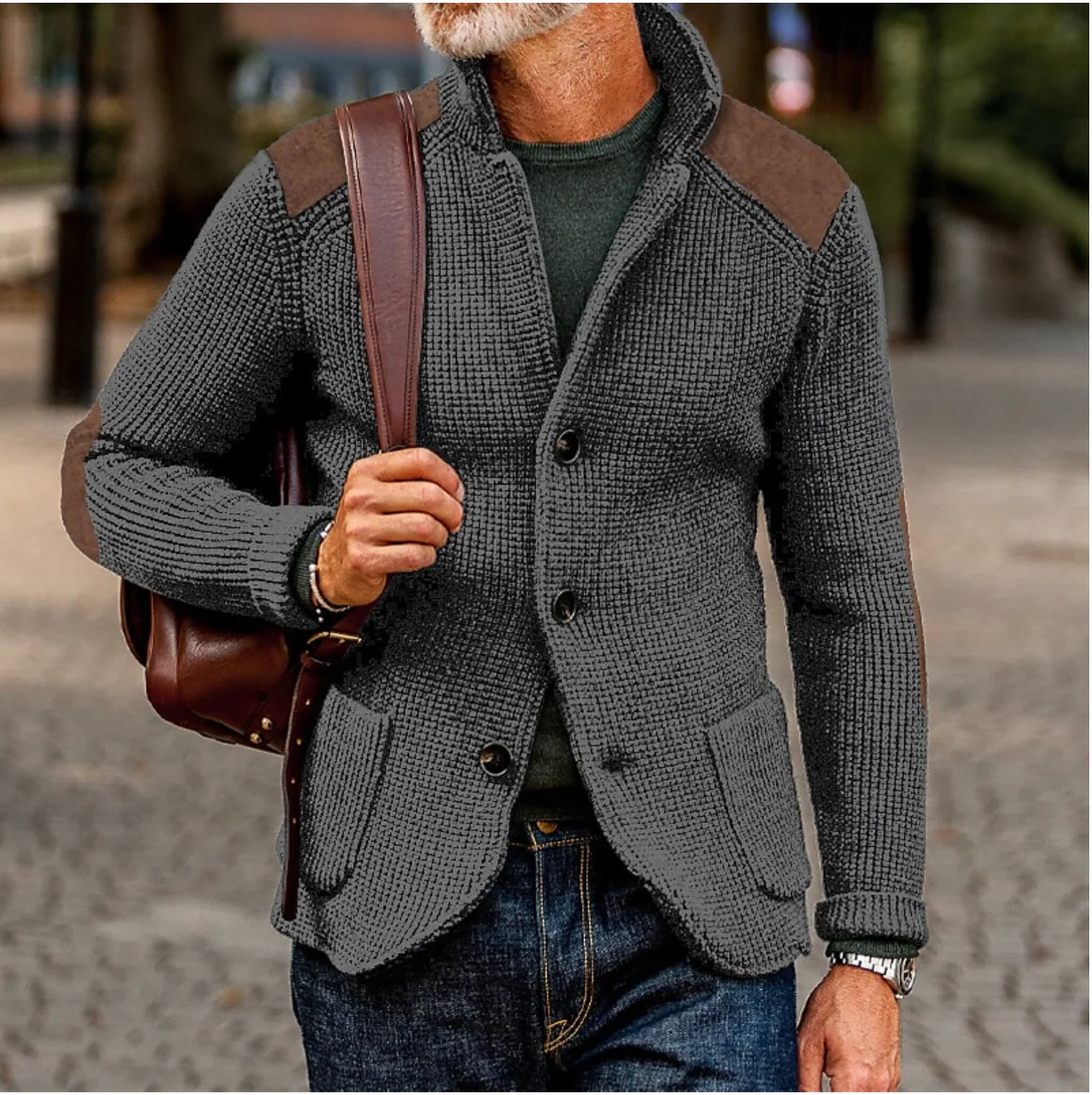 Mason – Button Down Knit Cardigan with Shoulder Patches