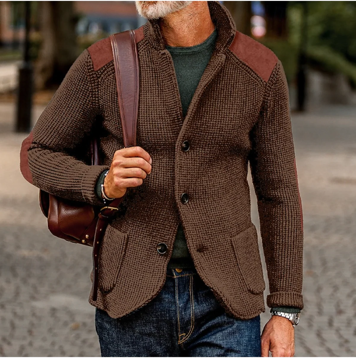 Mason – Button Down Knit Cardigan with Shoulder Patches