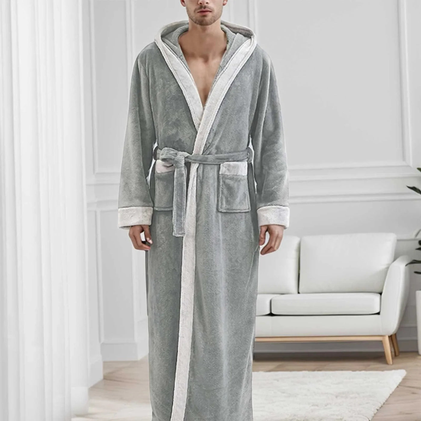 Hooded Long Plush Men's Dressing Gown