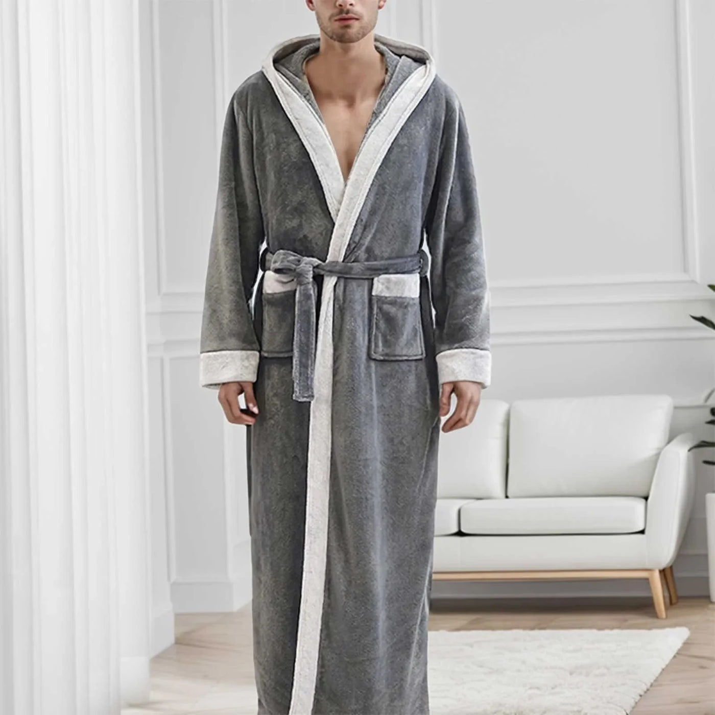 Hooded Long Plush Men's Dressing Gown