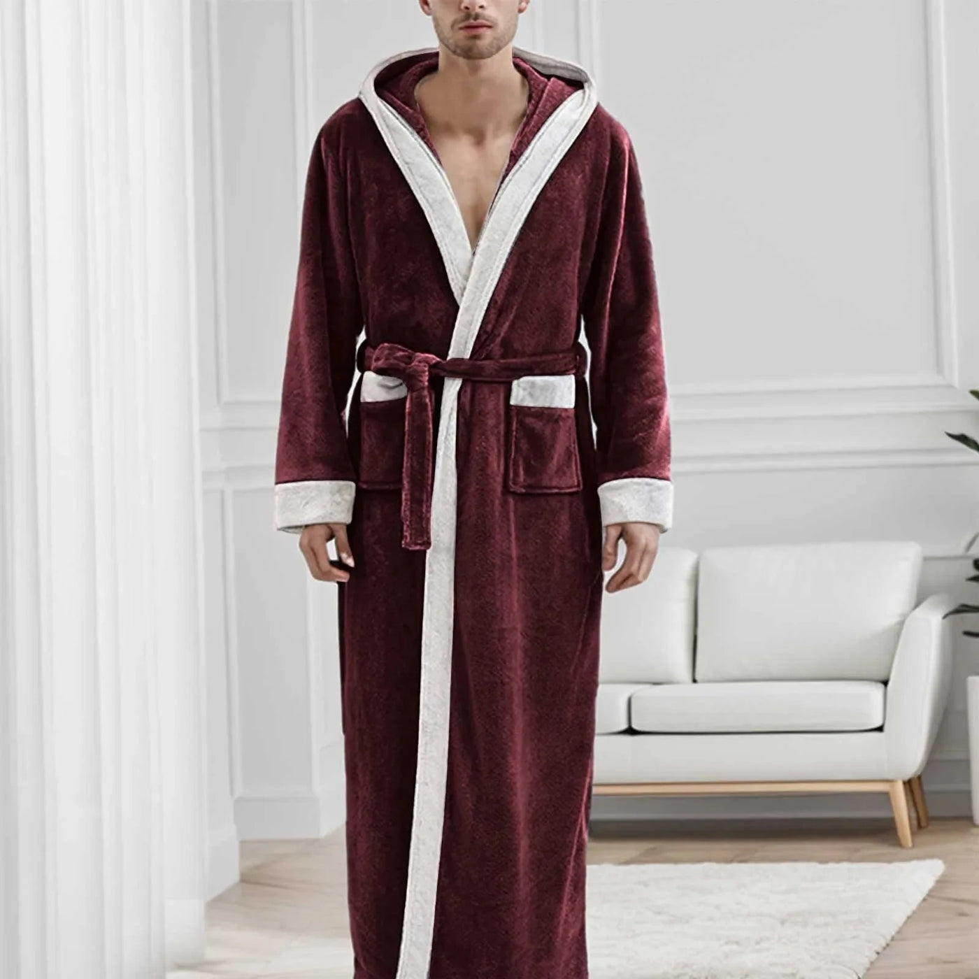 Hooded Long Plush Men's Dressing Gown