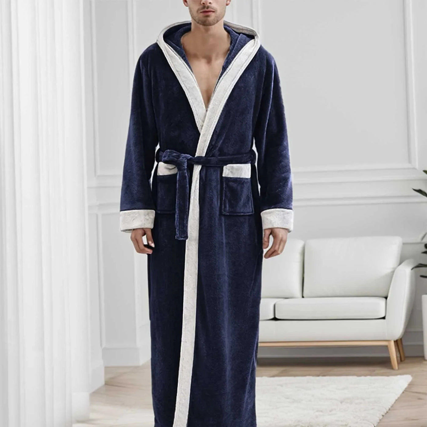 Hooded Long Plush Men's Dressing Gown