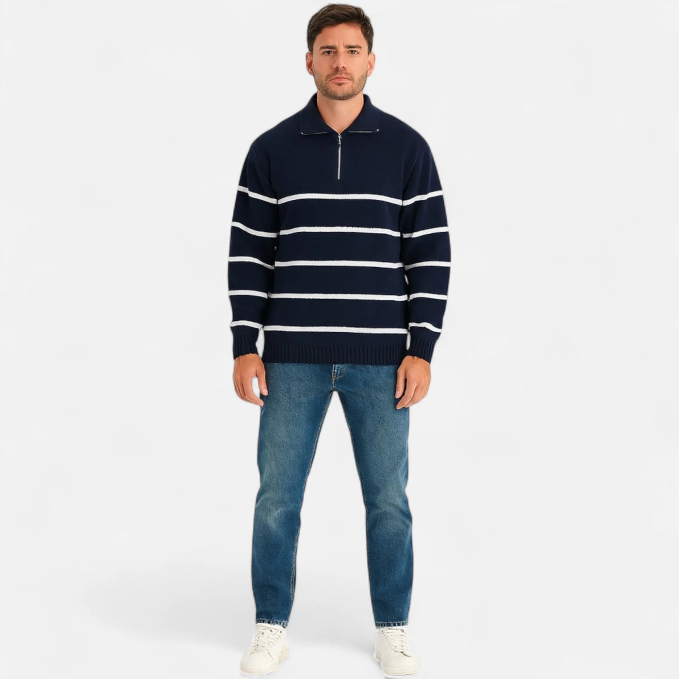 Blue/White Striped Quarter Zip Sweater Men