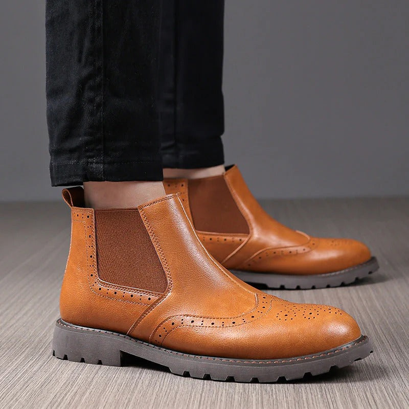 Brogue PU Leather Chelsea Ankle Boots Men