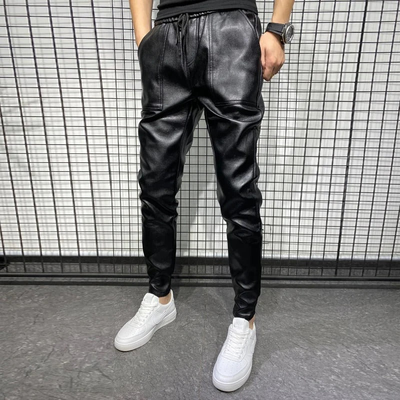 Black Leather Look Joggers Pants Men