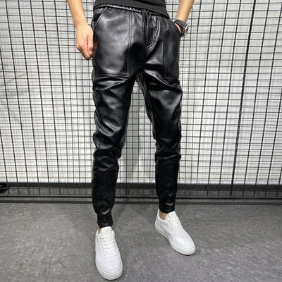 Black Leather Look Joggers Pants Men